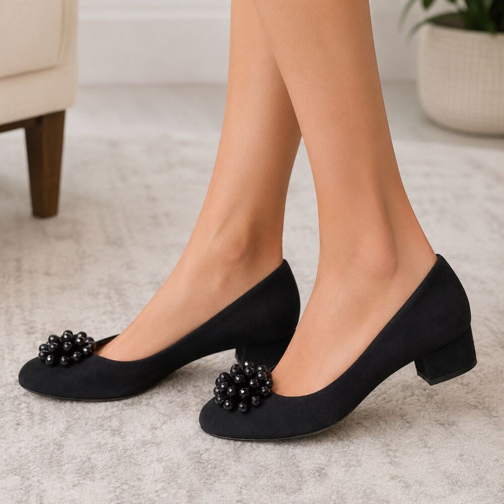 AGL Attilio Giusti Leombruni Black Suede Beaded Pumps Block Heel Italy 37 US 7